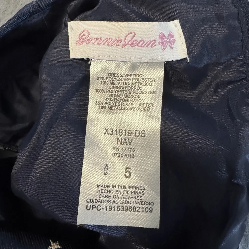Bonnie Jean Navy Blue Party Dress With Iridescent Silver/Green Snowflakes Size 5